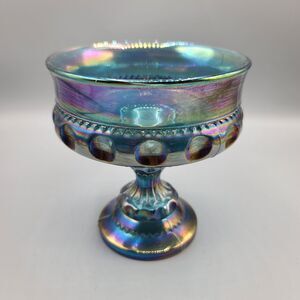 Vintage Blue Carnival Glass Bowl Dish Compote Indiana Glass Pedestal Iridescent